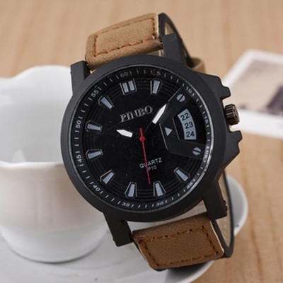Mens Leather Casual Sports Quartz Analog Wrist Watch - BROWN & BLACK